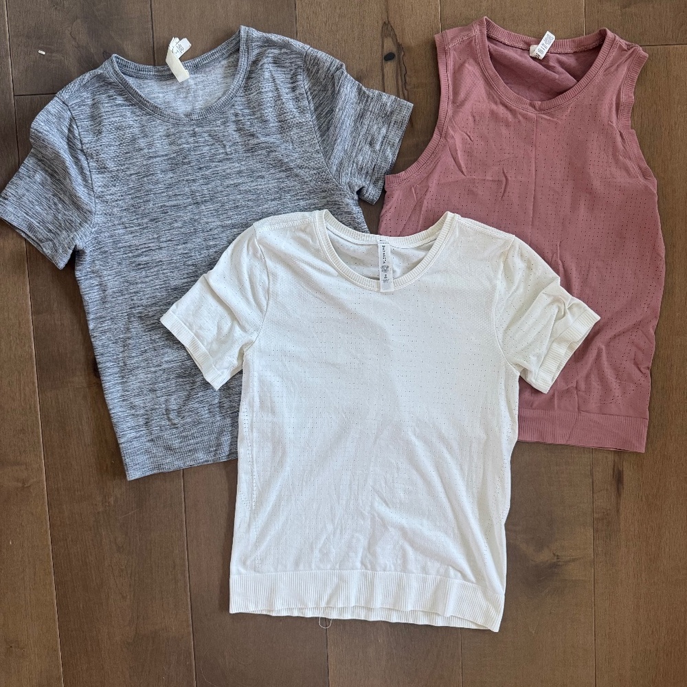 lot of 3 Athleta "In Motion"  tops, size extra small- Rose Pink, gray, white